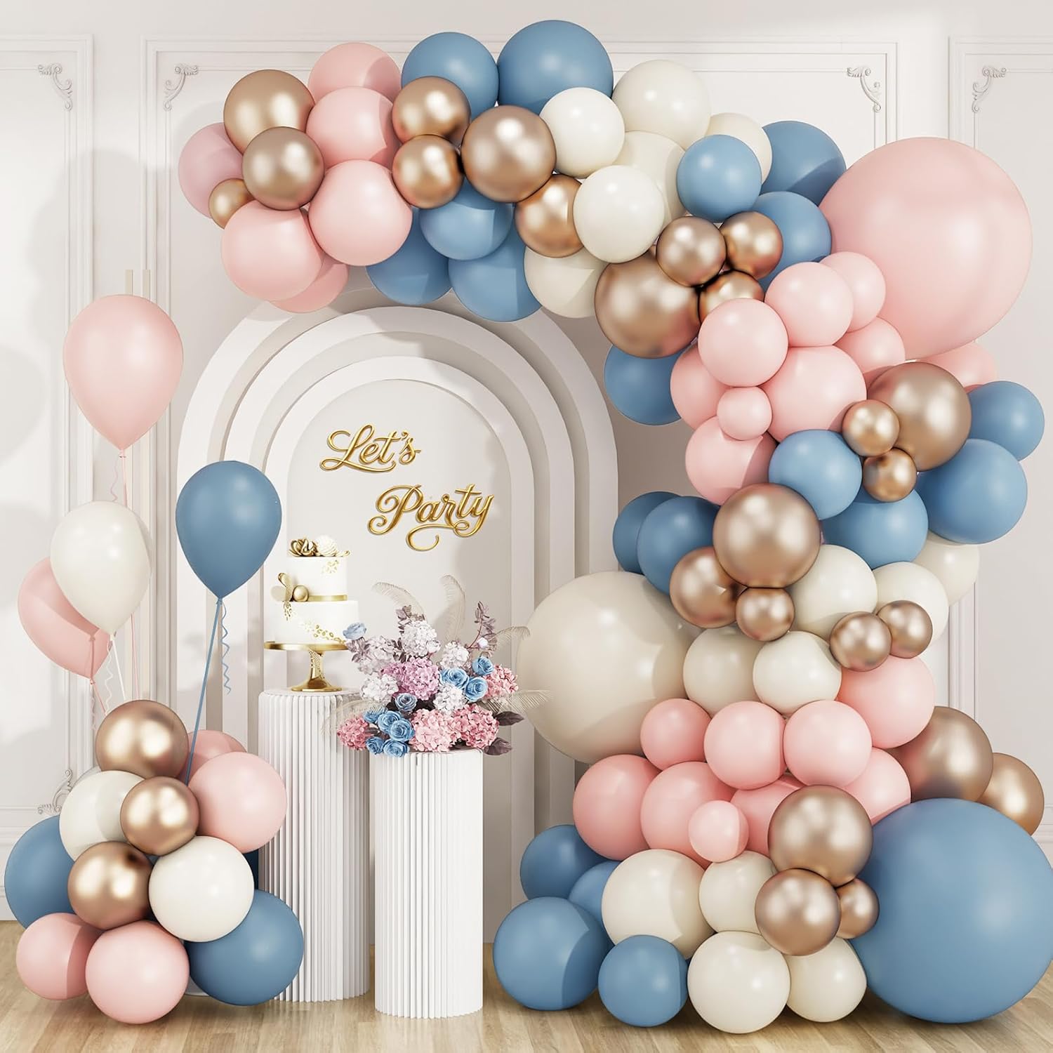 Balloon Arch Kit - Staubiges Rosa, Blau, Champagnergold Latex-Ballons Girlanden-Bogen-Set