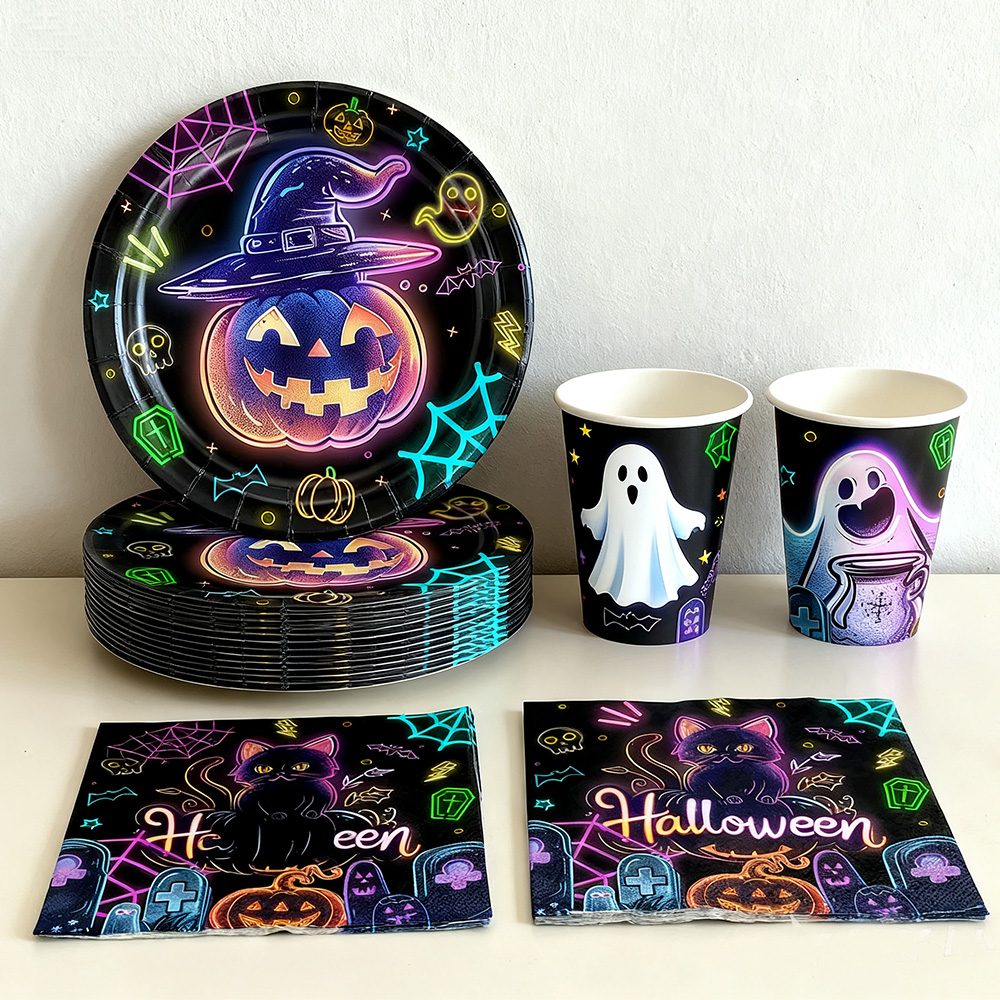 Table Cloth Disposable - Halloween-Party Pappteller Servietten Becher Halloween-Tischdecken Halloween-Einweggeschirr-Set